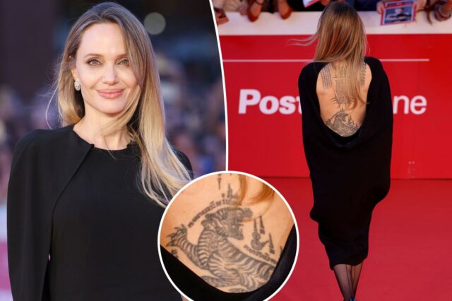 Angelina Jolie exibe suas enormes tatuagens nas costas em um vestido sem costas na estreia de 'Couture' em Roma

