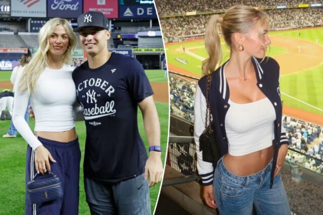 Anthony Volpe celebra a partida dos playoffs dos Yankees com a namorada Elle Jowett

