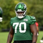 Jets ofensivos Armand Membou (70) na prática.