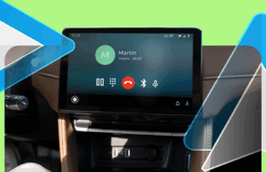 As configurações do Android Automobile que impedem a eliminação de minhas chamadas Um smartphone com um ícone de bateria fraca acima da tela e ícones do Android ao redor.
