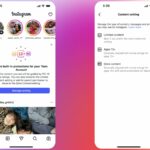 Duas telas de telefone mostram novos alertas de bloqueio de conteúdo que aparecem quando um adolescente tenta falar com outro usuário que posta conteúdo para maiores de 18 anos.