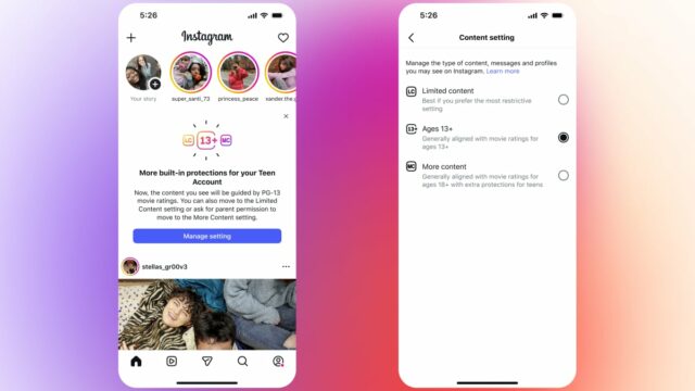 Duas telas de telefone mostram novos alertas de bloqueio de conteúdo que aparecem quando um adolescente tenta falar com outro usuário que posta conteúdo para maiores de 18 anos.