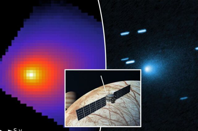As sondas podem capturar o objeto espacial 3I/ATLAS do tamanho Ilustração da sonda Europa Clipper orbitando a lua de Júpiter, Europa, com Júpiter visível ao fundo.