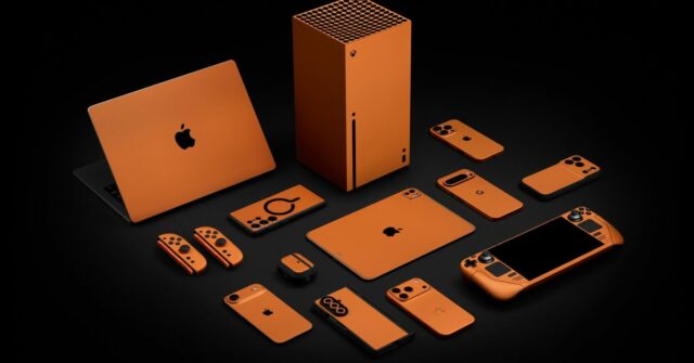 Agora você pode ter todos os seus dispositivos Apple na nova Orange Cósmica | Skins de Dbrand mostradas