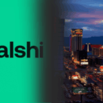 Kalshi digitou o logotipo em cima de um fundo verde próximo à paisagem urbana de Nevada. Reguladores de Nevada apresentam moção para dissolver a liminar de Kalshi