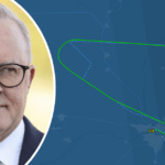 Um mapa de rastreamento de voo do avião que transportava Anthony Albanese dos Estados Unidos para casa, 22 de outubro de 2025.