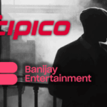 O produtor de Peaky Blinders, Banijay, fecha acordo de US$ 5 bilhões para criar gigante do jogo. Silhueta de um homem fumando com boné chato, uma reminiscência do estilo Peaky Blinders, com os logotipos Tipico e Banijay Entertainment sobrepostos em vermelho e rosa.