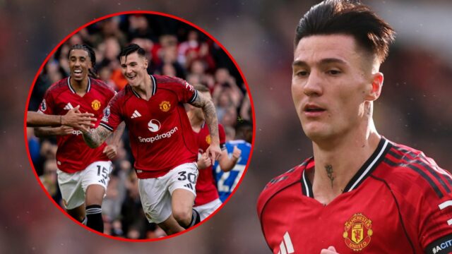 Benjamin Sesko comemora durante a partida da Premier League entre o Manchester United e o Sunderland em Old Trafford em 2025 em Manchester, Inglaterra.