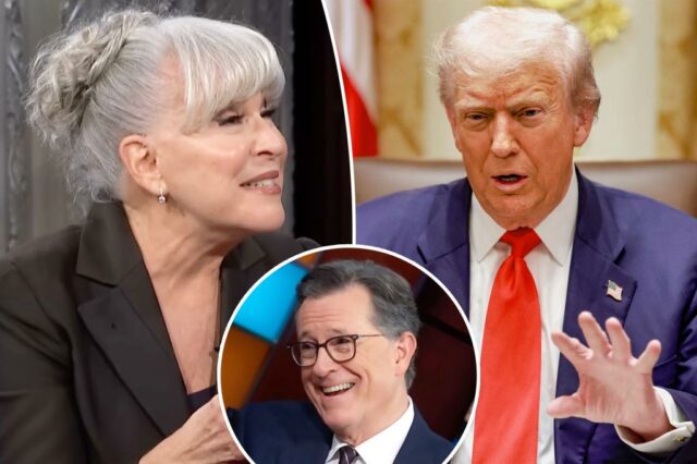 Bette Midler dá sombra a Trump enquanto faz serenata para Stephen Colbert com música profana

