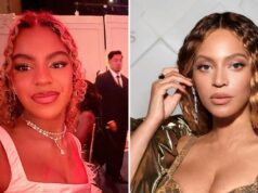 Blue Ivy Carter, 13, é a sósia de Mama Beyoncé em uma roupa rosa no Angel Round Blue Ivy Carter, 13, se parece com a mãe Beyoncé em um vestido rosa glamoroso no baile anual dos anjos