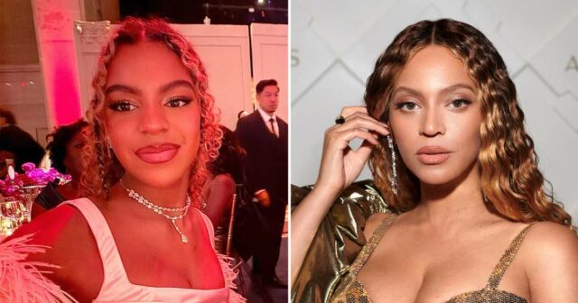 Blue Ivy Carter, 13, é a sósia de Mama Beyoncé Blue Ivy Carter, 13, se parece com a mãe Beyoncé em um vestido rosa glamoroso no baile anual dos anjos