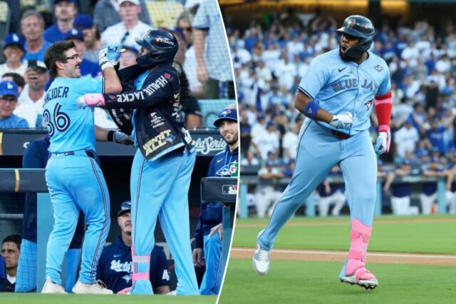 Blue Jays inicia o jogo 5 da World Series com O jogador de primeira base do Toronto Blue Jays, Vladimir Guerrero Jr. (27), comemora depois de fazer um home run solo durante o primeiro turno contra o Los Angeles Dodgers durante o quinto jogo da 2025 MLB World Series no Dodger Stadium.