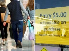 Brecha australiana sob fogo por cobrar taxa de inscrição: ‘Isso é tão burro!’ Um sinal de taxa de inscrição de US $ 5, reembolsável na compra, com clientes regulares entrando grátis e um separado