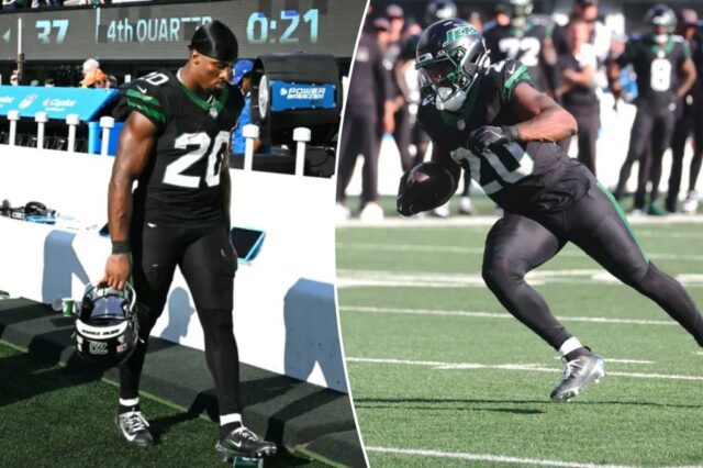 O running back Breece Hall (20) do New York Jets correu durante o segundo tempo, quando o New York Jets jogou contra o Dallas Cowboys no domingo, 5 de outubro de 2025, no MetLife Stadium em East Rutherford, NJ.