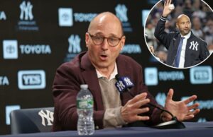 Brian Cashman destaca os comentários ‘tristes’ de Derek Jeter sobre a tomada de decisão dos Yankees GM Brian Cashman falando à mídia em uma coletiva de imprensa realizada no Yankee Stadium