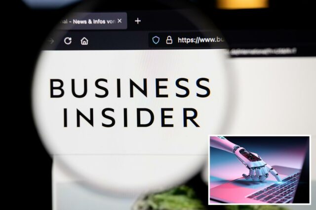 O logotipo do Business Insider em uma tela de computador, visto através de uma lupa.