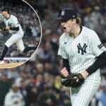 Cam Schlittler #31 do New York Yankees reage depois de atacar Jarren Duran #16 do Boston Red Sox.