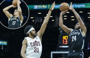 Cam Thomas e Michael Porter Jr. combinam 64 pontos no esforço de recuperação Cam Thomas, que marcou 33 pontos, chutou Jarrett Allen durante a derrota do Nets por 131-124 para o Cavaliers na estreia em casa em 24 de outubro de 2025.