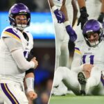 Carson Wentz, nº 11 do Minnesota Vikings, reage enquanto segura seu braço após uma partida contra o Los Angeles Chargers durante o segundo quarto do jogo no SoFi Stadium em 23 de outubro de 2025 em Inglewood, Califórnia.