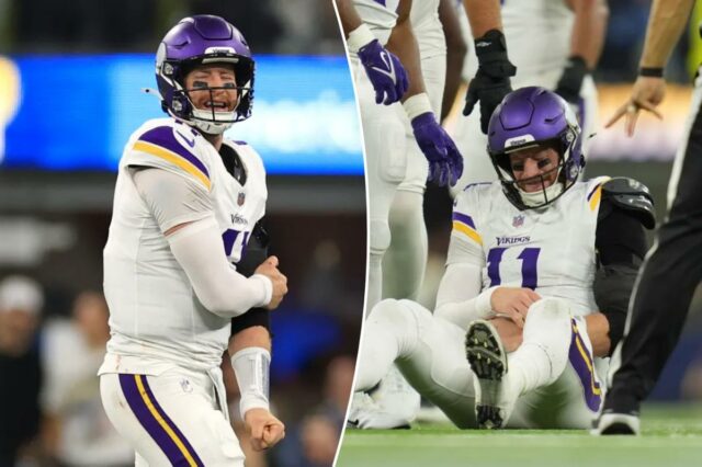 Carson Wentz, nº 11 do Minnesota Vikings, reage enquanto segura seu braço após uma partida contra o Los Angeles Chargers durante o segundo quarto do jogo no SoFi Stadium em 23 de outubro de 2025 em Inglewood, Califórnia.