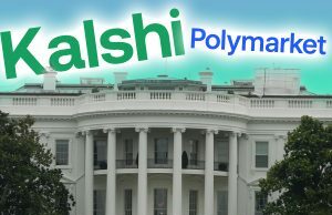 Conjectura de fechamento do governo federal atualmente liderando as apostas em Kalshi e Polymarket As especulações de paralisação do governo agora são as principais apostas em Kalshi e Polymarket. Uma foto da Casa Branca com os logotipos “Kalshi” e “Polymarket” em texto grande acima contra um céu turquesa.