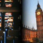 DCMS do Reino Unido abre consulta sobre reformas de licenciamento de máquinas de jogos e bingo. Imagem dividida mostrando duas máquinas caça-níqueis em um fliperama mal iluminado à esquerda, e o Big Ben e as Casas do Parlamento de Londres ao pôr do sol à direita, representando a consulta do governo do Reino Unido sobre regulamentações de jogos de azar.