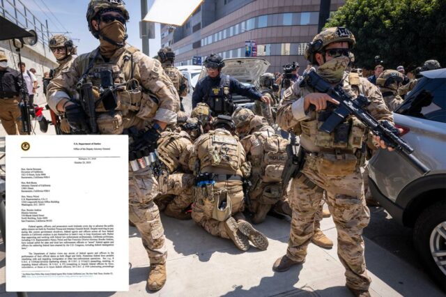 Membros da Polícia Aduaneira de Proteção à Fronteira dos EUA derrubam um homem no chão durante uma prisão no Edward R. Roybal Center e no Federal Building, no centro de Los Angeles, em 10 de junho de 2025. 