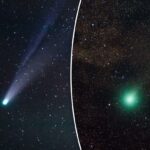 O cometa C/2025 R2 (SWAN) é visto em uma fotografia criada pela integração de 15 minutos de exposições, vista de La Hayuela na Cantábria, Espanha, no final de 19 de outubro de 2025