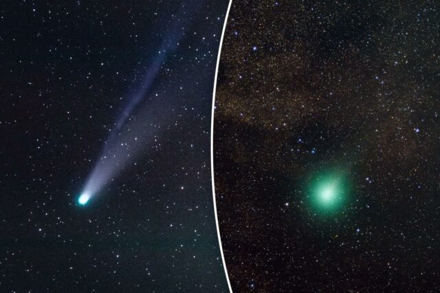 O cometa C/2025 R2 (SWAN) é visto em uma fotografia criada pela integração de 15 minutos de exposições, vista de La Hayuela na Cantábria, Espanha, no final de 19 de outubro de 2025