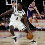Drake Powell dribla a bola durante a vitória do Nets na pré-temporada sobre o Suns durante os NBA China Games 2025 em 12 de outubro de 2025.