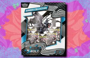 Economize $ 5,94 na coleção Pokémon TCG Black Screw Binder no TCGPlayer vs. Victini, Reshiram e Zekrom ex Black White Rares em um fundo rosa