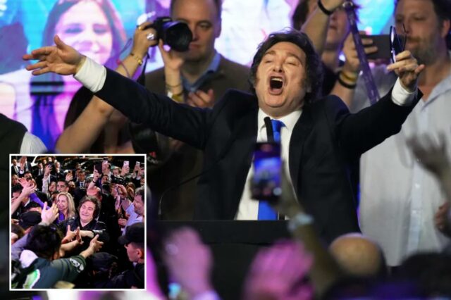 Eleições de meio de mandato na Argentina dão vitória esmagadora O presidente da Argentina, Javier Milei, comemora após vencer as eleições legislativas de meio de mandato em Buenos Aires, Argentina, domingo, 26 de outubro de 2025.