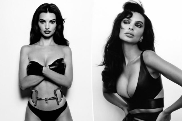 Emily Ratajkowski modela um cinto de cavalo Gucci de US $ 2.450 - e pouco mais - para a revista Beyond Noise

