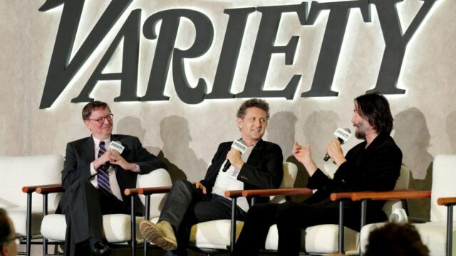 NEW YORK, NEW YORK - OCTOBER 06: (L-R) Brent Lang, Alex Winter and Keanu Reeves speak onstage during Variety The Business Of Broadway Presented By City National Bank at Second on October 06, 2025 in New York City. (Photo by Craig Barritt/Variety via Getty Images)