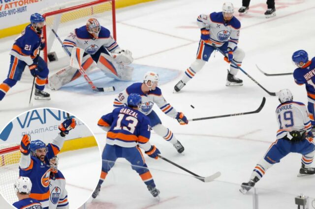 Islanders reage depois que Bo Horvat # 14 do New York Islanders marca um gol durante o terceiro período, quando o New York Islanders jogou contra o Edmonton Oilers na quinta-feira, 16 de outubro de 2025, na UBS Arena em Elmont, NY. 