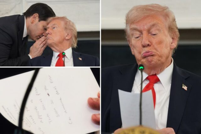 Fotos mostram a nota urgente de Marco Rubio para Trump antes do anúncio do acordo de paz no Oriente Médio

