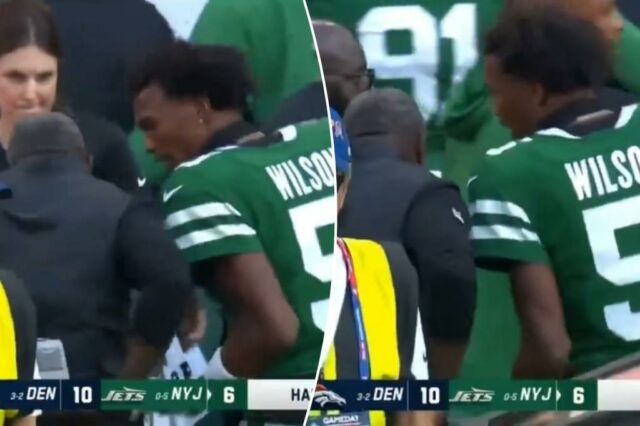 Garrett Wilson (R.) fala com Aaron Glenn durante o jogo Jets-Broncos em 12 de outubro de 2025. 