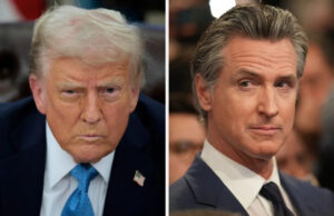Gavin Newsom tem um novo nome de três palavras para Trump, e as pessoas estão chamando-o de “resumo perfeito” Duas pessoas em trajes formais, cada uma voltada para a câmera com expressões de foco e atenção, em uma composição de imagem dividida
