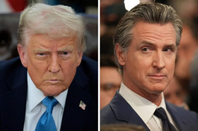 Gavin Newsom tem um novo nome de três palavras para Duas pessoas em trajes formais, cada uma voltada para a câmera com expressões de foco e atenção, em uma composição de imagem dividida