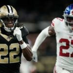 Tyler Nubin é derrotado por Rashid Shaheed para um touchdown durante o jogo do Giants-Saints em 5 de outubro de 2025.