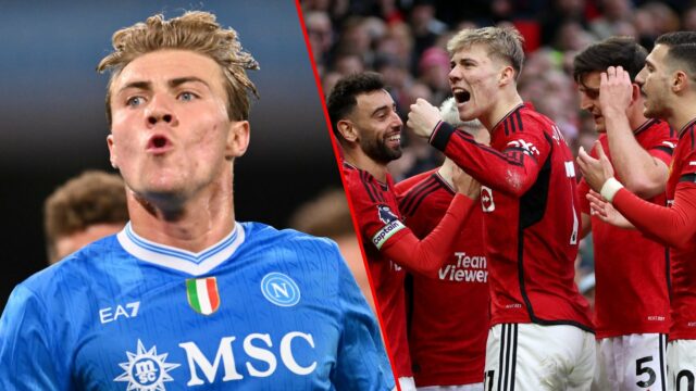 O atacante do Manchester United e da Dinamarca, Rasmus Hojlund, comemora durante a partida da Série A entre Napoli e Gênova, no Estádio Diego Armando Maradona, em Nápoles, Itália, em 2025.