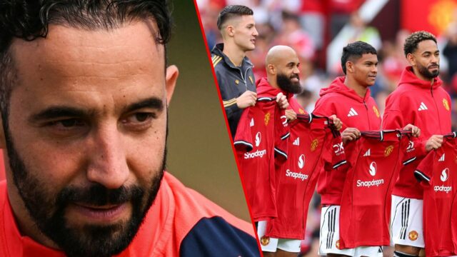 Novas contratações Bryan Mbeumo, Benjamin Sesko, Diego Leon e Matheus Cunha posam para uma foto enquanto seguravam as camisas do Manchester United.