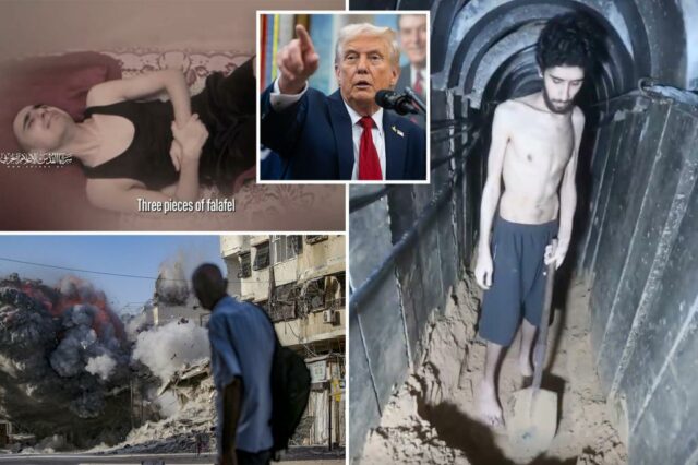 Donald Trump, de terno e gravata vermelha, fala em um microfone, apontando com a mão direita.
