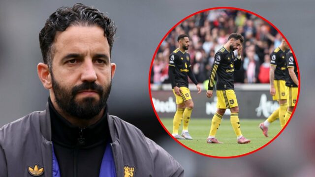 O gerente do Manchester United, Ruben Amorim, reconhece os fãs após a derrota de sua equipe durante a partida da Premier League entre Brentford e Manchester United no Gtech Community Stadium em 2025 em Brentford, Inglaterra.
