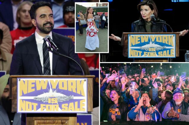 Hecklers provocam o governador Hochul com o canto 'Tax the Hecklers provocam o governador Hochul com o canto 'Tax the Rich' no comício de Zohran Mamdani em Nova York com AOC e Sanders