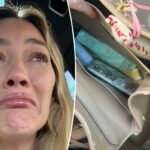 Hilary Duff chora depois de derramar café em sua bolsa Balenciaga