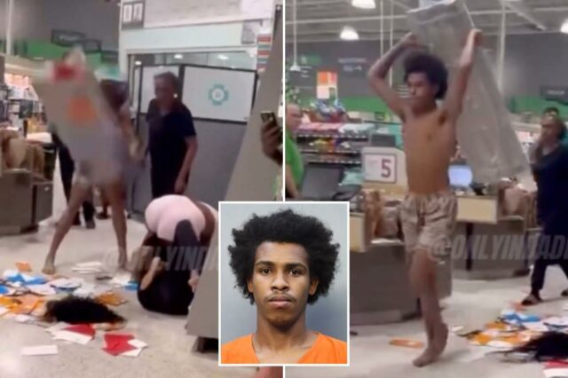 Homem sem camisa na Flórida bate em clientes com prateleira de metal durante briga dentro do supermercado Publix

