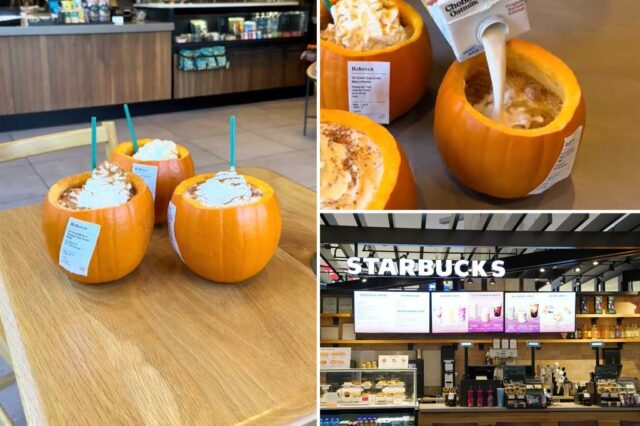 Três cafés Starbucks com chantilly e canudos verdes em mini abóboras sobre uma mesa de madeira.