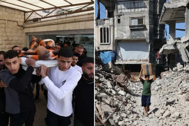 Jovens palestinos carregando o corpo de Majed Mohammed Daoud durante um cortejo fúnebre.