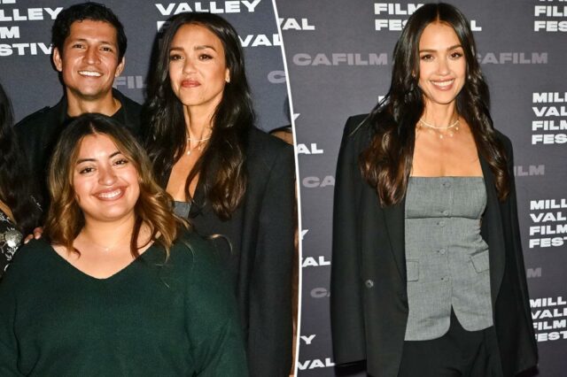 Jessica Alba e o namorado Danny Ramirez posam com os amigos durante a estréia no tapete vermelho no Mill Valley Film Festival

